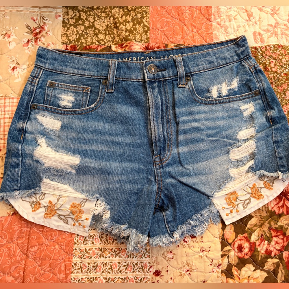 American Eagle Outfitters Distressed Blue Denim Shorts with Embroidered Liner
